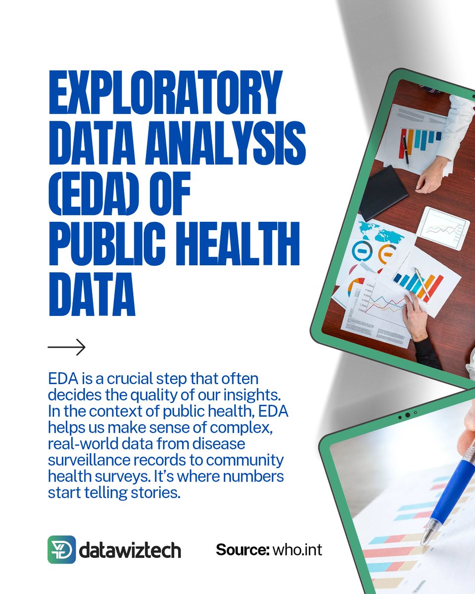 Datawiztec's tweet image. Dive deep into public health data! 📊

Exploratory Data Analysis (EDA) is the detective work behind every impactful public health strategy.

By visualizing and summarizing key variables, we can uncover hidden trends, spot anomalies, and confirm assumptions about disease…