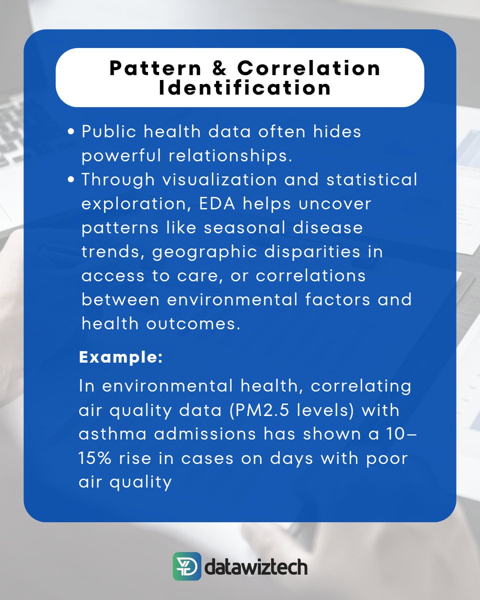 Datawiztec's tweet image. Dive deep into public health data! 📊

Exploratory Data Analysis (EDA) is the detective work behind every impactful public health strategy.

By visualizing and summarizing key variables, we can uncover hidden trends, spot anomalies, and confirm assumptions about disease…