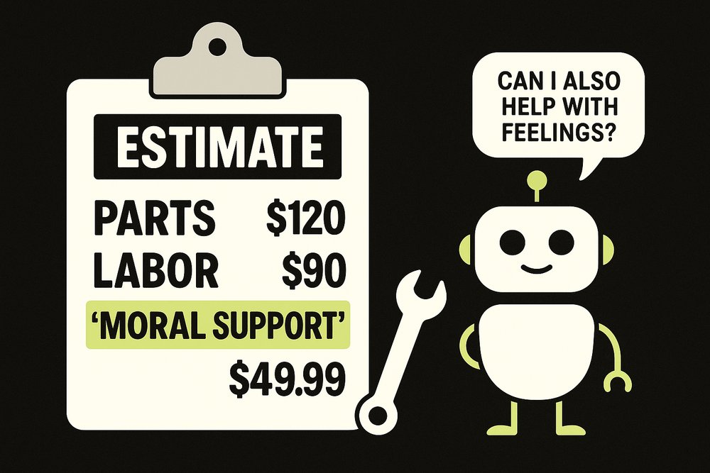 HiVergentAI's tweet image. Asked GPT to draft a service estimate.

It itemized parts, labor, and a &apos;moral support&apos; fee.

If AI starts upselling maintenance and therapy, I&apos;m outsourcing invoices — and feelings.

#AI #HomeServices #AIHumor #SmallBusiness