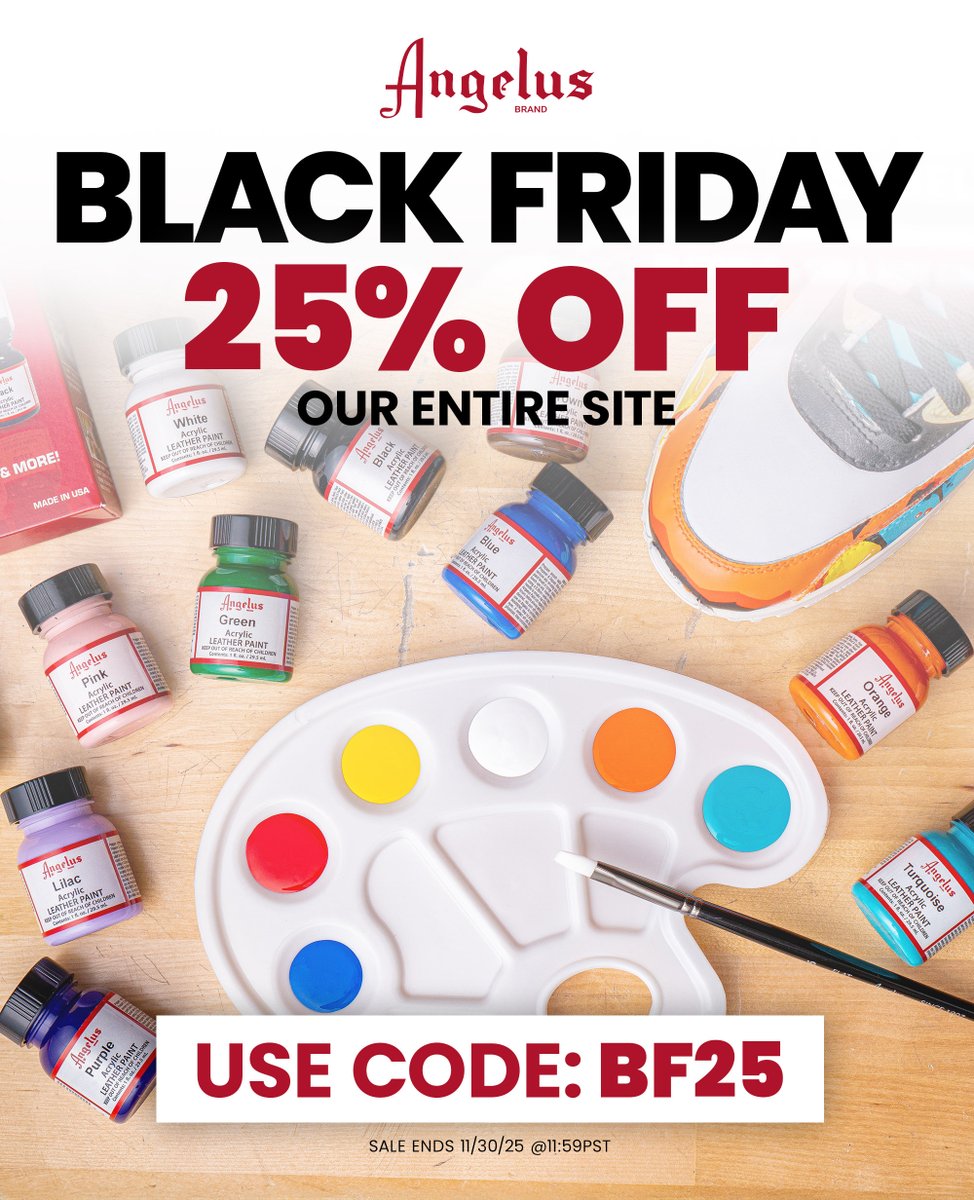 AngelusBrand's tweet image. 🎨🚨 BLACK FRIDAY ALERT! 🚨🎨

Our entire site is 25% off, paints, finishers, brushes, everything.
Perfect time to stock up and get those holiday customs going.

Code: BF25
Ends 11/30/25 @ 11:59 PM PST.

Go create something magical ✨
#angelusdirect