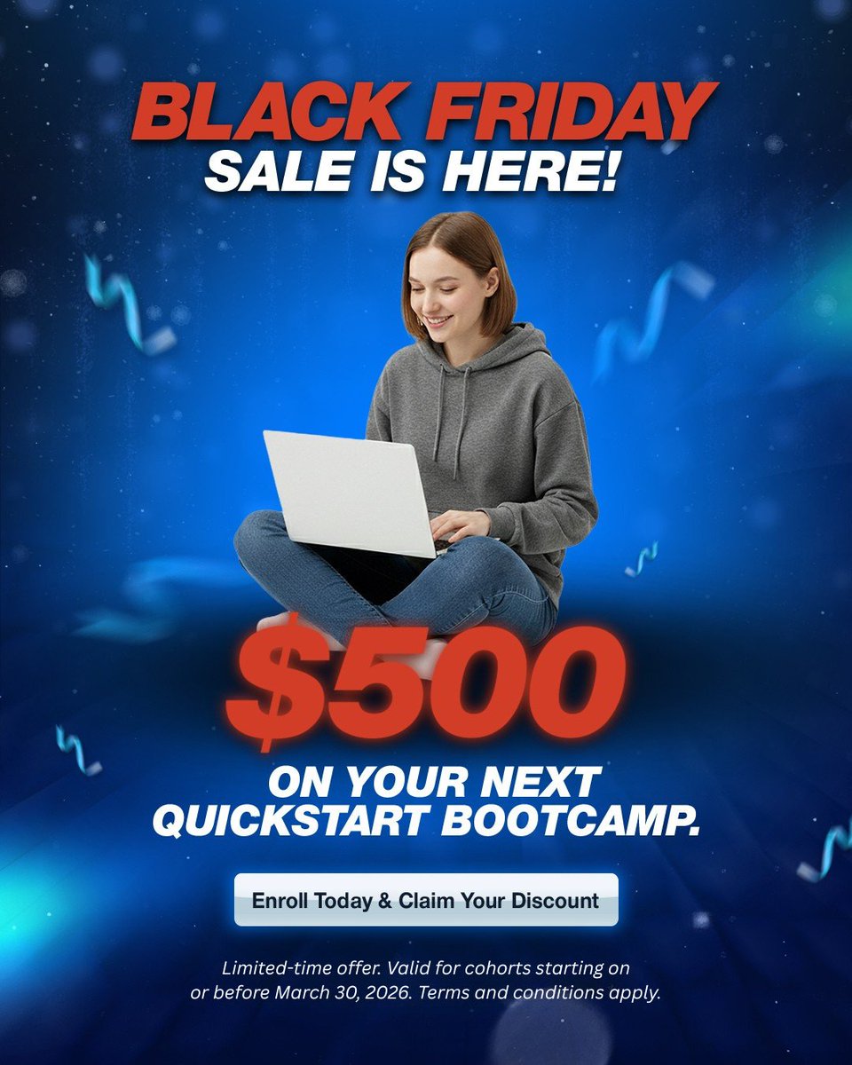 QuickStartIntel's tweet image. Black Friday is here! 🔥
Save $500 on eligible QuickStart bootcamps for cohorts starting on or before March 30, 2026.

1️⃣ Pick your bootcamp
2️⃣ Connect with admissions
3️⃣ Get $500 discount applied

👉Enroll today: ow.ly/9vmN50XxBLX

#BlackFridayDeals #BlackFridaySavings