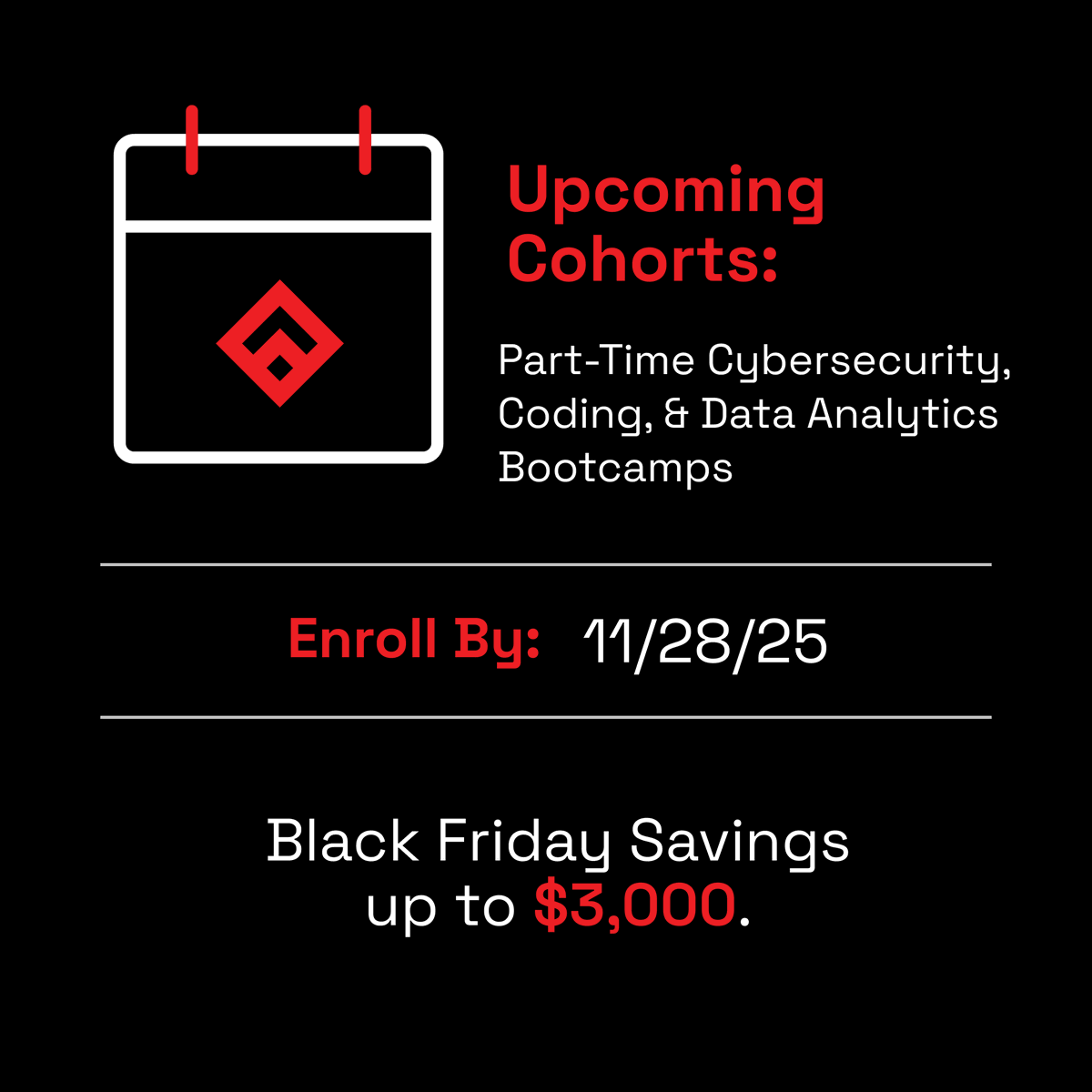 fullstack's tweet image. Fullstack Academy&apos;s #BlackFriday tuition savings ends today, 11/28/25. Get up to $3,000 off an upcoming tech bootcamp in:

💻 Software Engineering
🛡️ Cybersecurity
📊 Data Analytics

Don&apos;t wait. Apply now and start conquering your 2026 career goals: flstk.io/black-friday-x