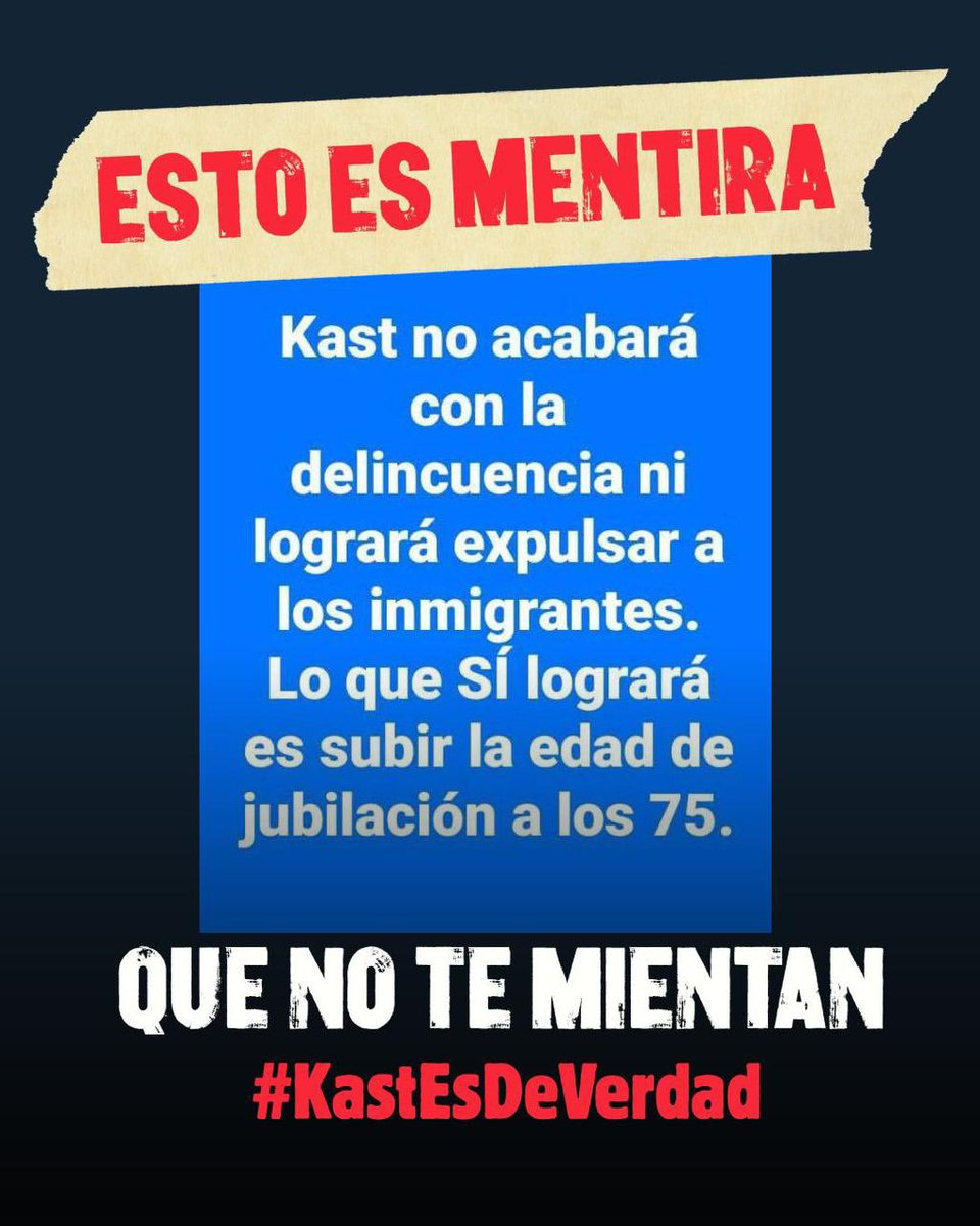 Kast no va a subir la edad de jubilación a ningún chileno.
💬 Nada de jubilación a los 75.
Compromiso claro: respetar la edad actual y mejorar las pensiones.
#KastEsDeVerdad