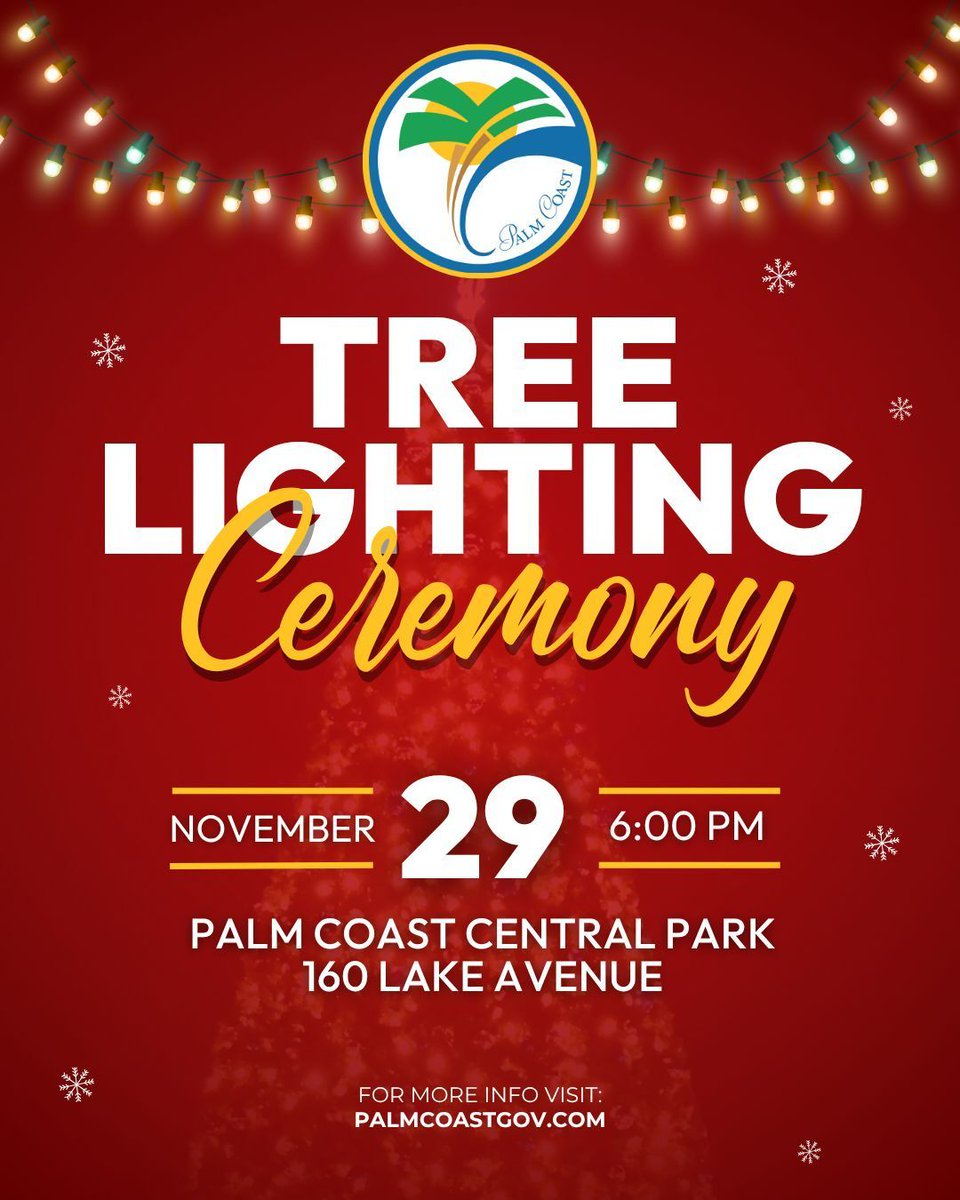 The City of Palm Coast is inviting you to help us kick off the holiday season tomorrow, Saturday, November 29 at 6pm at our 14th Annual Tree Lighting Ceremony.

Find out all the details at palmcoast.gov/newsroom/home/…