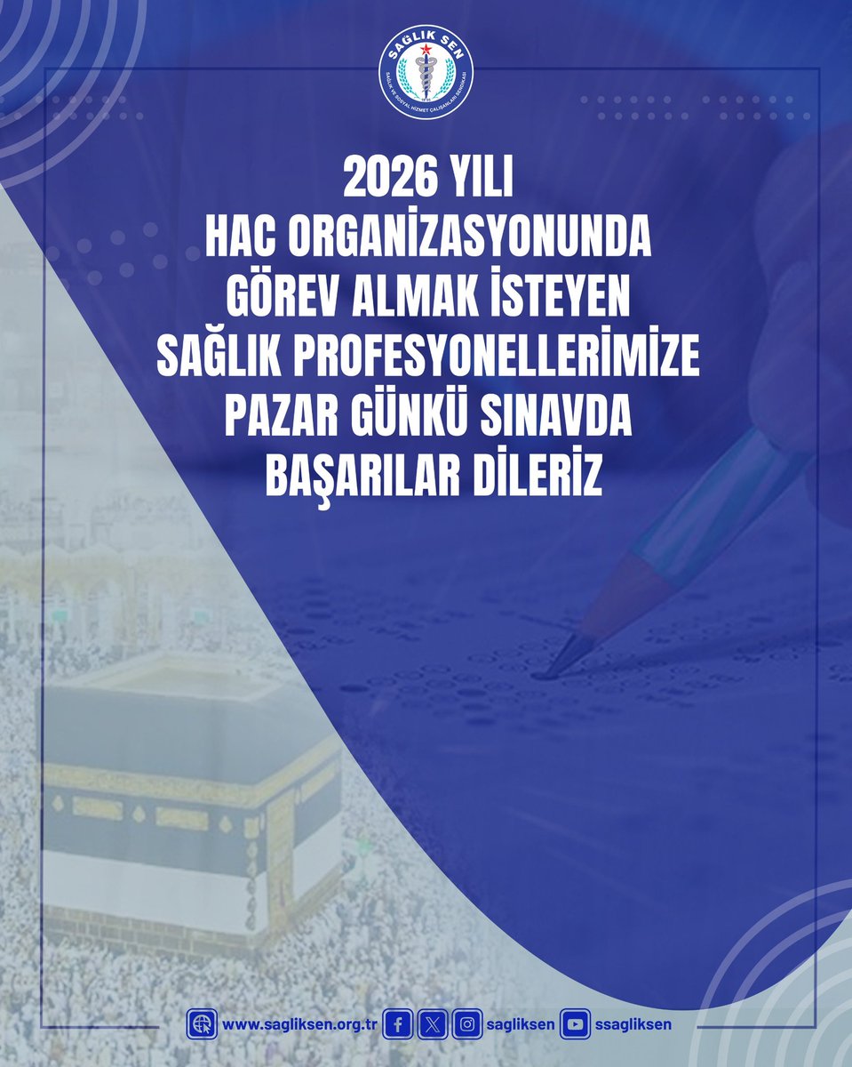 2026 Yılı Hac Organizasyonunda görev almak isteyen sağlık profesyonellerimize, 30 Kasım Pazar günü girecekleri sınavda başarılar dileriz.

Sınava girecek sağlık profesyonellerimiz için Gazi Üniversitesi Eğitim Fakültesi girişinde “Sağlık-Sen Destek ve İkram Standı” kuracağız.
