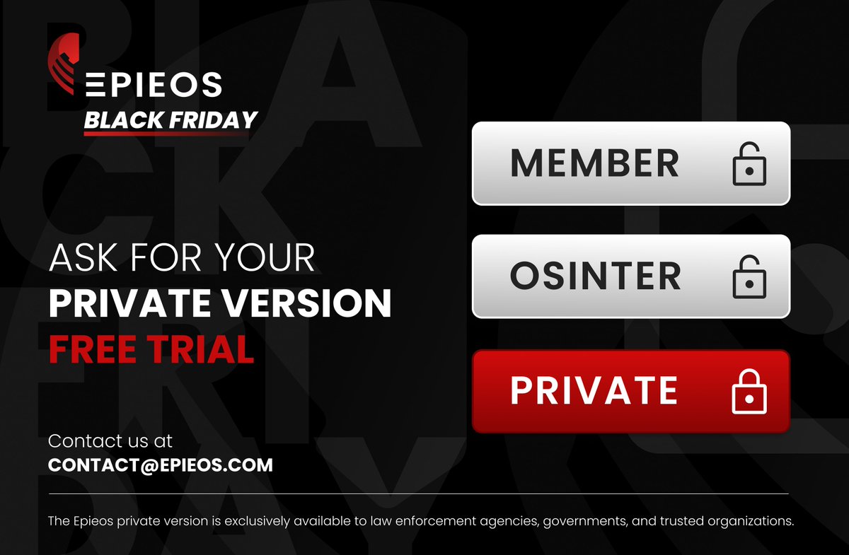 epieos's tweet image. ⚡ Unlock THE FULL POWER OF @epieos with the private version!

🚨 On this #BlackFriday, we invite law enforcement agencies, governments, and companies to ask a #FreeTrial of the #private version of @epieos, our most advanced version to track criminals from their #email address or…