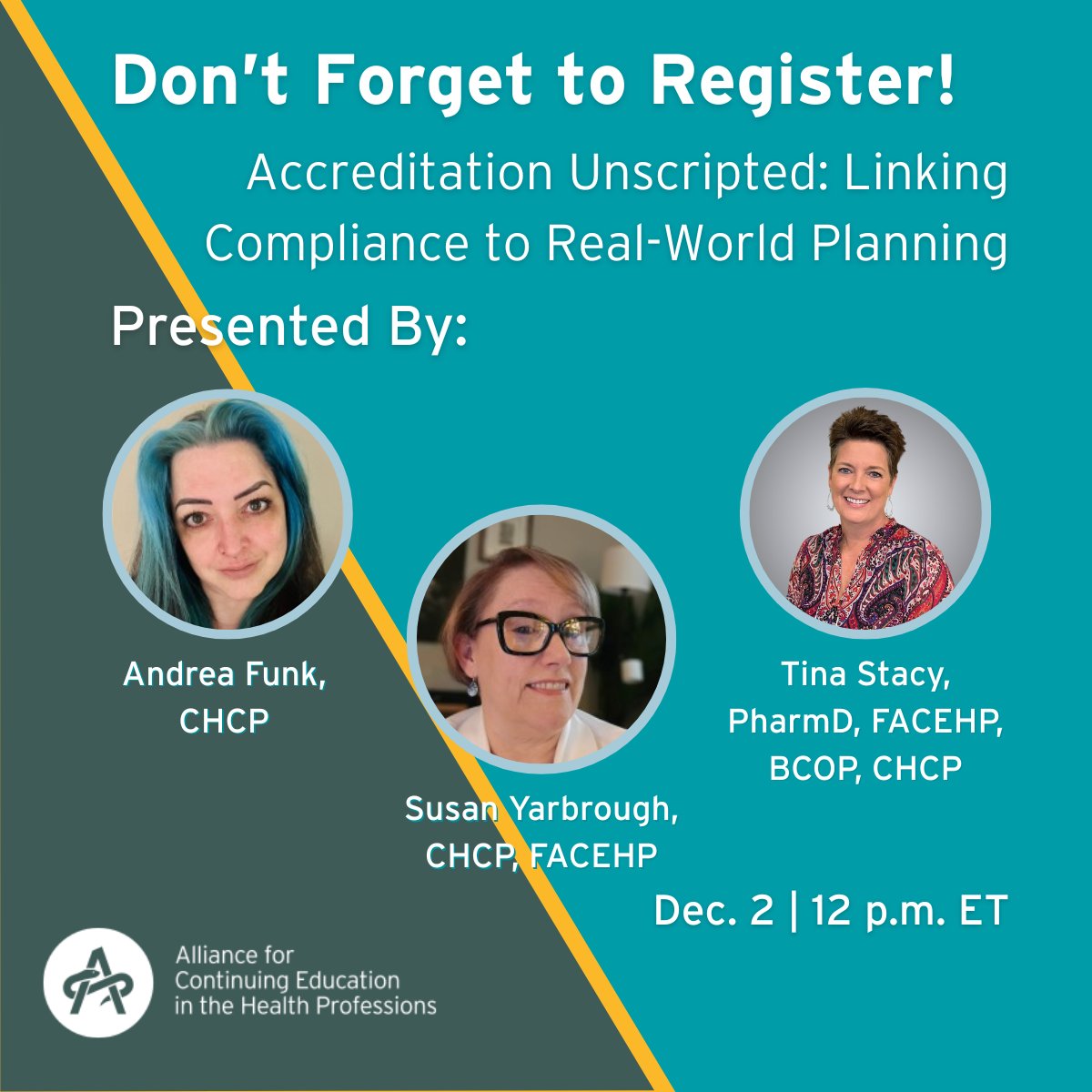 alliance4cehp's tweet image. 🩺📚 NEXT WEEK! Accreditation Unscripted: Linking Compliance to Real-World Planning
🗓 Dec. 2 | ⏰ 12 p.m. ET
Real-life scenarios and compliance strategies you need.
Register now: learn.acehp.org/products/accre…
