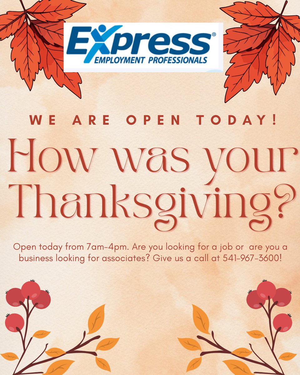 ExpressAlbanyOR's tweet image. We’re back and ready to roll! 🙌 Hope you had a great Thanksgiving. We’re open 7am–4pm today for all your hiring and job-search needs. Need help? Call 541-967-3600! #ExpressEmployment #NowHiring #StaffingSolutions #WereOpen #JobSearch
