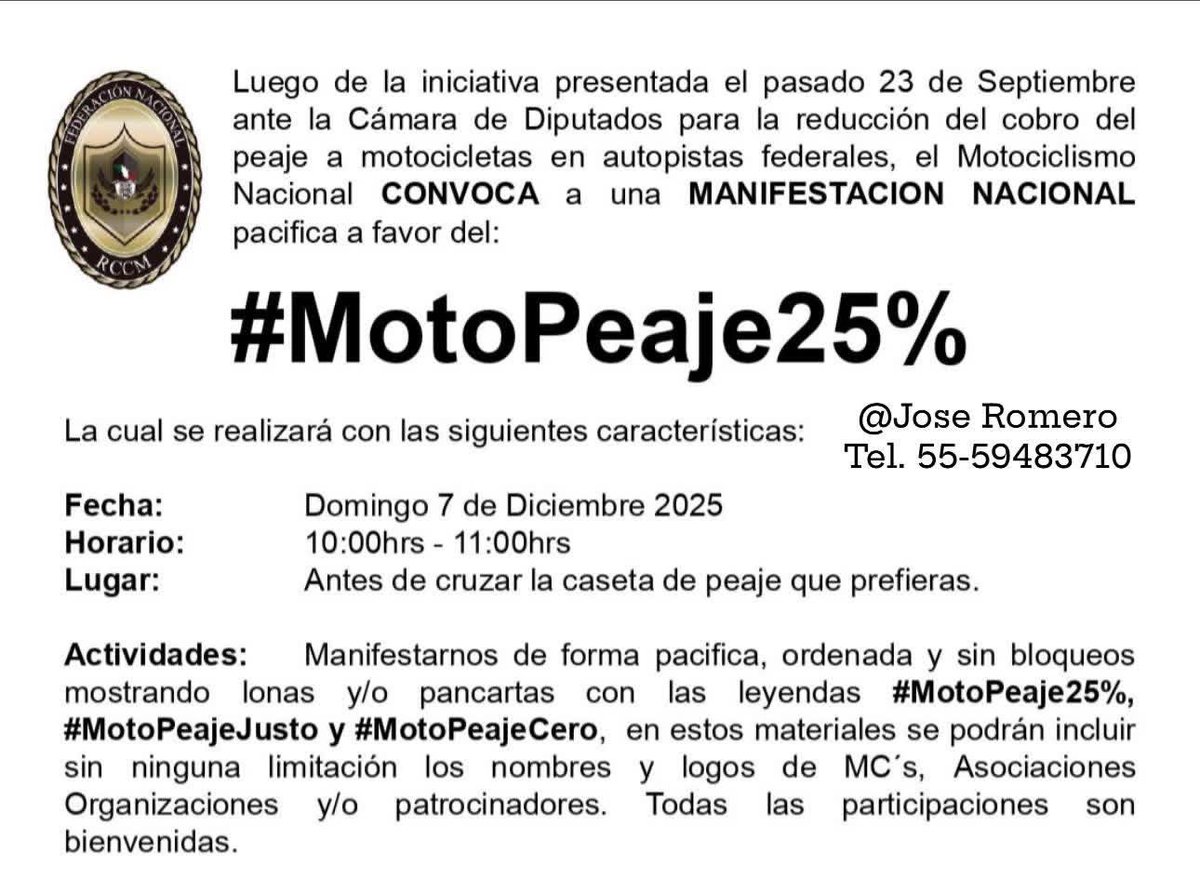 Amigo <a href="/isidrocorro/">Isidro Corro</a> el cobro a motocicletas es injusto técnicamente si se considera el principio de la cuarta potencia.
El motociclismo nacional se movilizará el 7 de diciembre en las casetas del país buscando un #MotoPeajeJusto ya hay iniciativa en <a href="/Mx_Diputados/">H. Cámara de Diputados</a>