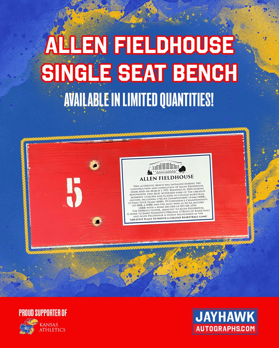 Perfect gift alert! 🚨

Limited edition: an authentic 1955 Allen Fieldhouse single-seat bench, complete with a commemorative plate and Certificate of Authenticity.

Shop today: jayhawkautographs.com/product/allen-…