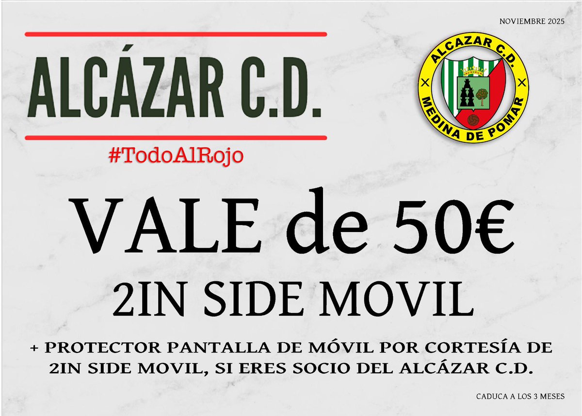 🎟️NUESTRA RIFA CON EL COMERCIO LOCAL🎟️
📅29/11/25
📍 Chuspe
🕠 16:30
¡Apoya a nuestros chic@s del Alcázar C.D. y prueba suerte! 🍀un vale de 50€ para canjear en 2In Side Móvil 
Y si eres socio,te regala un protector de pantalla para el móvil
Ven, participa y vive el deporte !