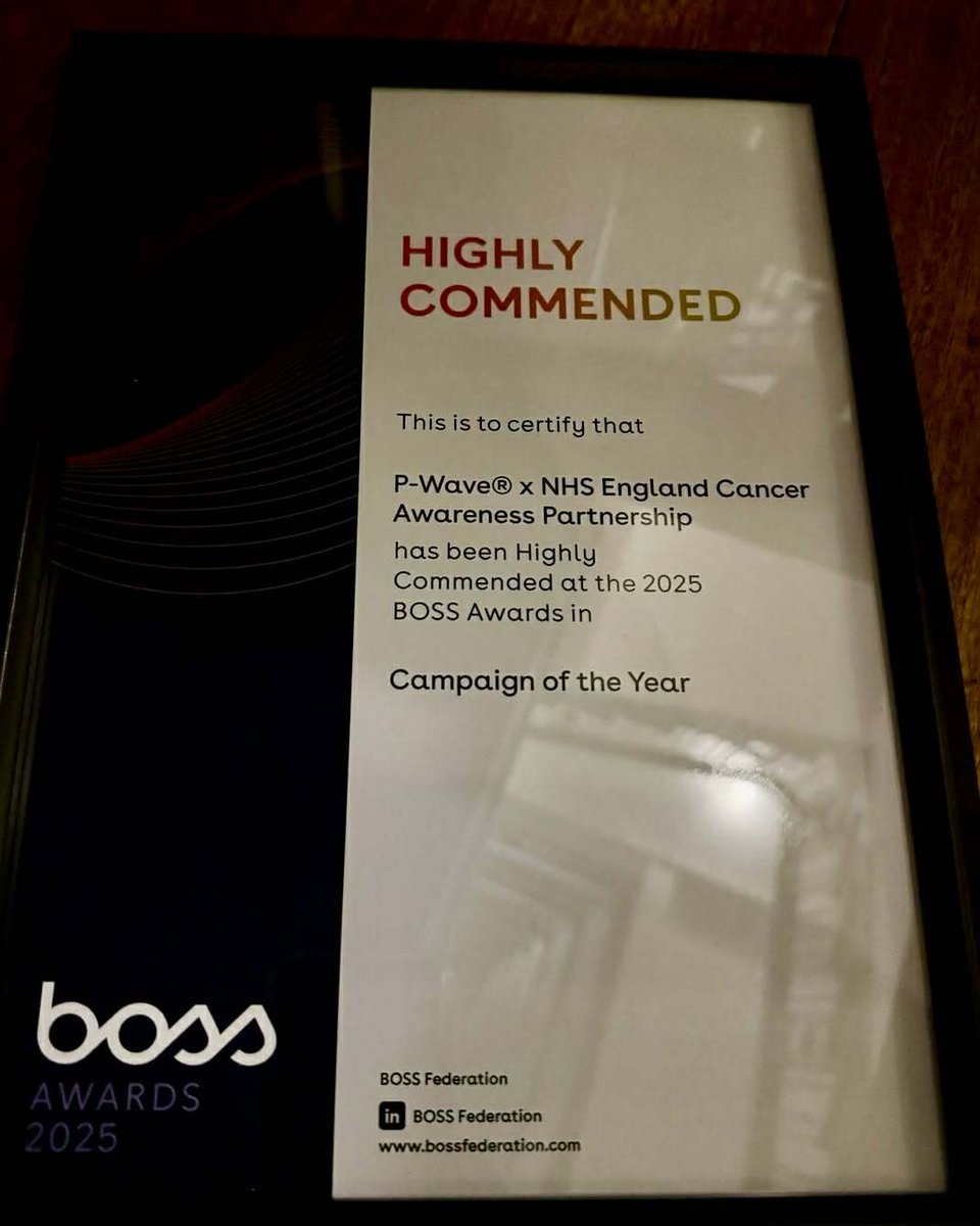 PWaveHQ's tweet photo. Our P-Wave® @NHSEngland partnership received a Highly Commended mention for Campaign of the Year at the @BOSSFed166823 Awards – and we couldn’t be more grateful.

Award or no award, our goal remains the same: saving lives through early awareness. 

Big shout to our partners at N https://t.co/oadEqpYvnY
