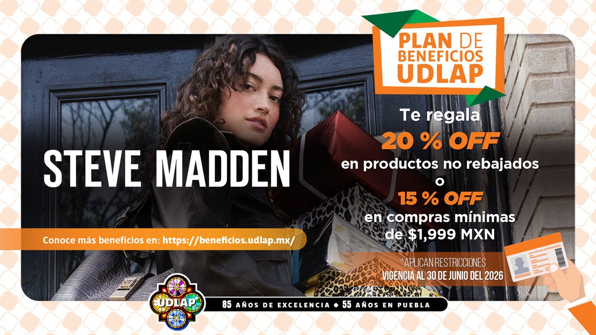 🎁 ¡Tus compras con estilo ahora tienen descuento!

Con el Plan de Beneficios UDLAP, disfruta en Steve Madden:

✨ 20% OFF en productos no rebajados
✨ 15% OFF en compras mínimas de $1,999 MXN
📅 Vigencia: hasta el 30 de junio de 2026

🔗 Conoce más en beneficios.udlap.mx/producto/steve…