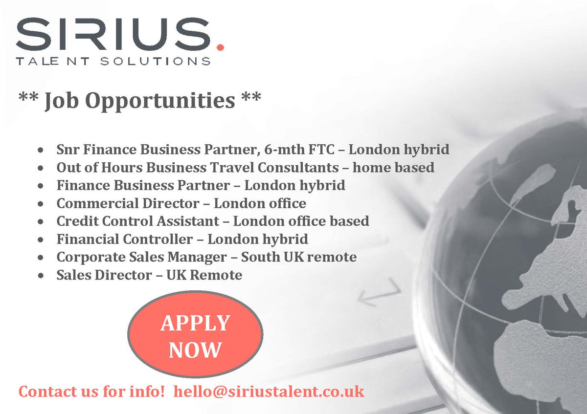 Some of our current job opportunities...hope you all have a great weekend!
siriustalent.co.uk
#sirius #siriustalent #corporatetravel #businesstravel #traveljobs #corporatetraveljobs #businesstraveljobs