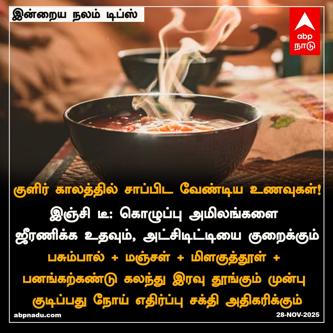 abpnadu's tweet image. குளிர் காலத்தில் சாப்பிட வேண்டிய உணவுகள்!

#HealthyLiving #HealthyHabits #HealthyFoods #Winter #NalamTips #ABPNADU