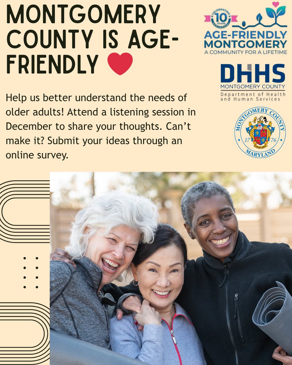 Participate in listening sessions and an online survey to help us make Montgomery County the best place for everyone in our community to age.
Full press release with listening session registration: content.govdelivery.com/accounts/MDMON…
Age-friendly community survey: survey.sogolytics.com/survey/form?k=…