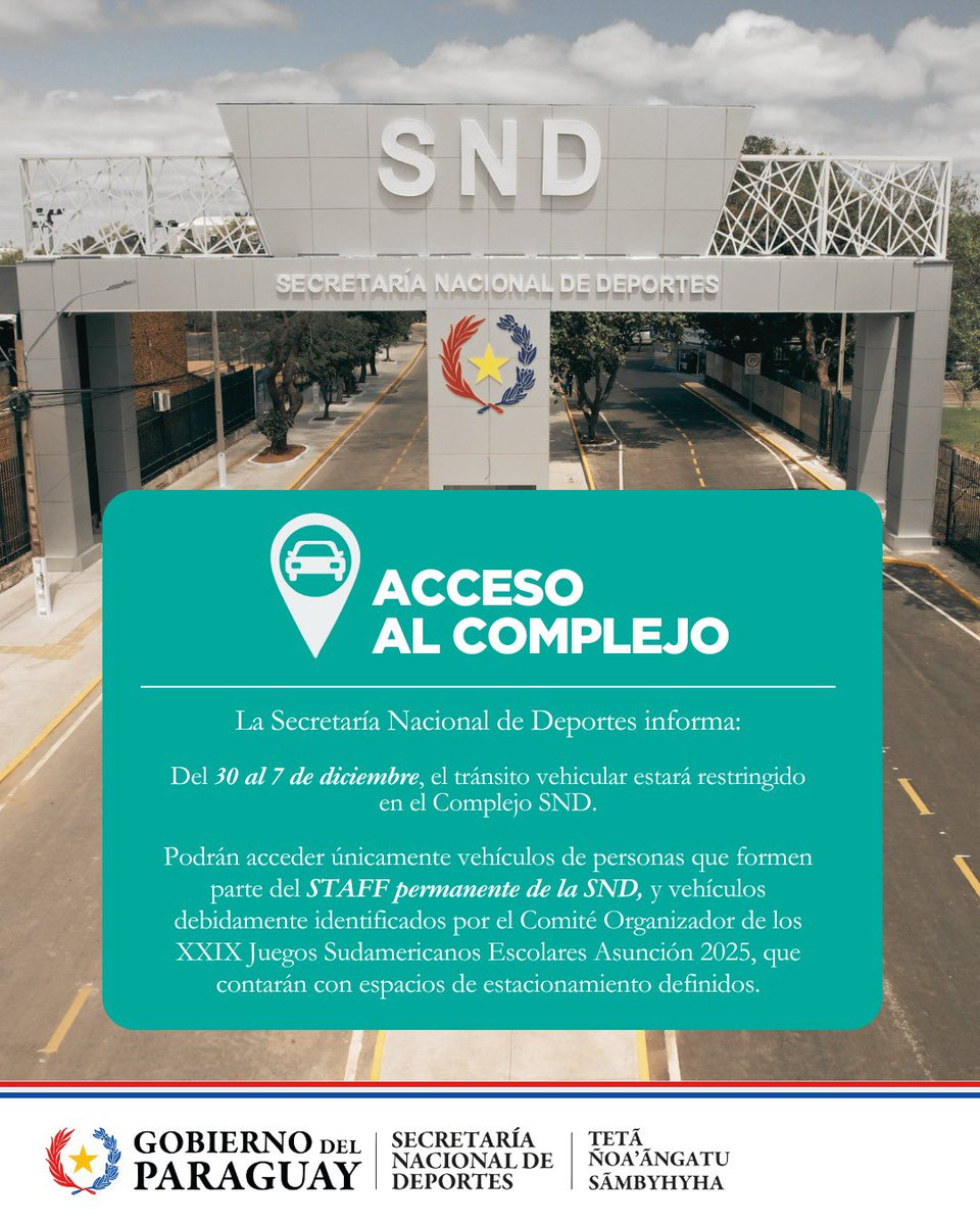 #Institucional🏛️ 

Para asegurar la seguridad en el #ComplejoSND durante los @escolareASU, el Comité Organizador emitió un comunicado sobre el acceso vehicular✋🏻🚗🚦

➕ℹ️goo.su/Wp0E

#ElDeporteNosUne🫱🏻‍🫲🏼