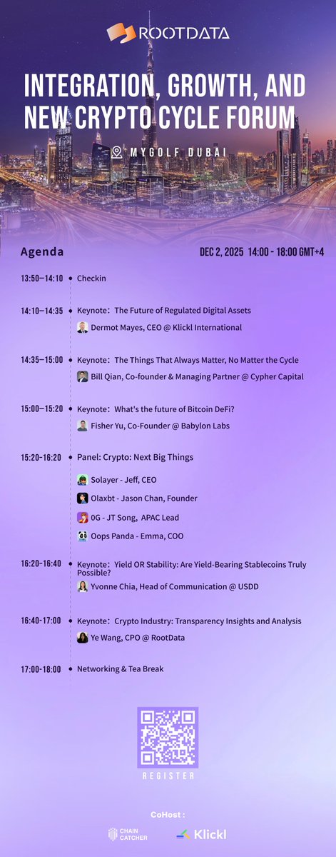 RootDataCrypto's tweet image. Integration, Growth, and New Crypto Cycle Forum @ Dubai 2025
Speaker Release🎤

👏👏👏 Honored to welcome

🔹 Dermot Mayes - CEO, @klicklofficial International
🔹 @bill_qian - Co-founder &amp;amp; Managing Partner, @cypher_capital  
🔹 @baby_fisherman - Co-Founder, @babylonlabs_io 
🔹…