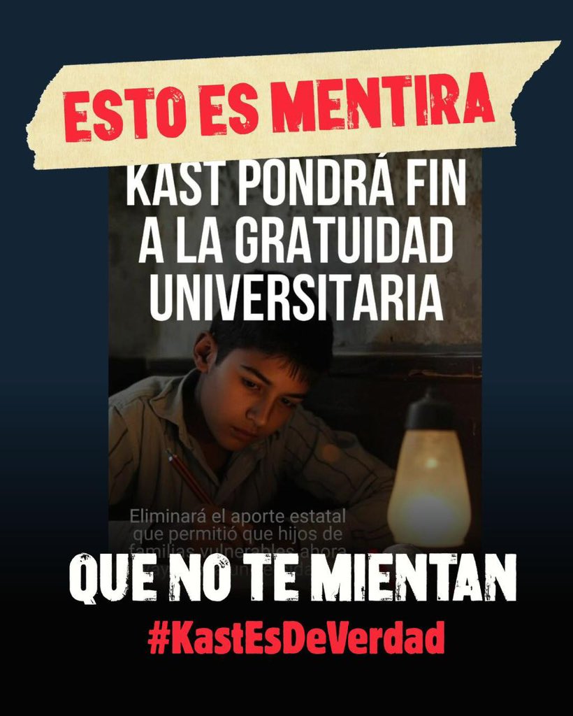 SofiaCidAtacama's tweet photo. Que no te engañen 👀
❌ Kast NO subirá la edad de jubilación
❌ Kast NO eliminará la PGU
❌ Kast NO terminará con la gratuidad universitaria

🇨🇱 #KastEsDeVerdad y está con las familias de Chile. #KastPresidente https://t.co/Hsol5xiLqH