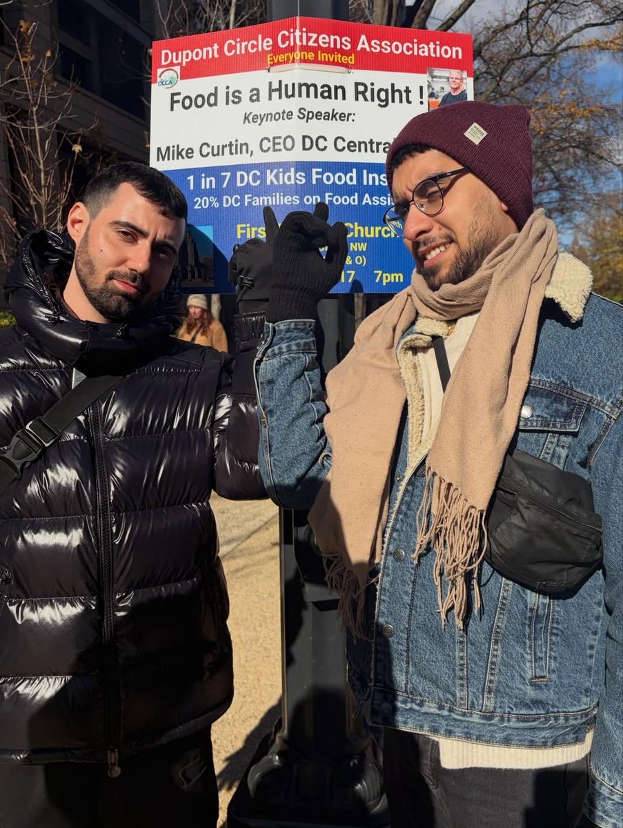 HenMazzig's tweet image. Former hostages Guy Gilboa Dalal and Evyatar David take a photo next to a sign reading “Food is a Human Right” on their trip to Washington, DC.

Behind every joke lies sadness. 

Evyatar and Guy were starved in captivity. 

Their human rights were denied for 2 long years. 

I…