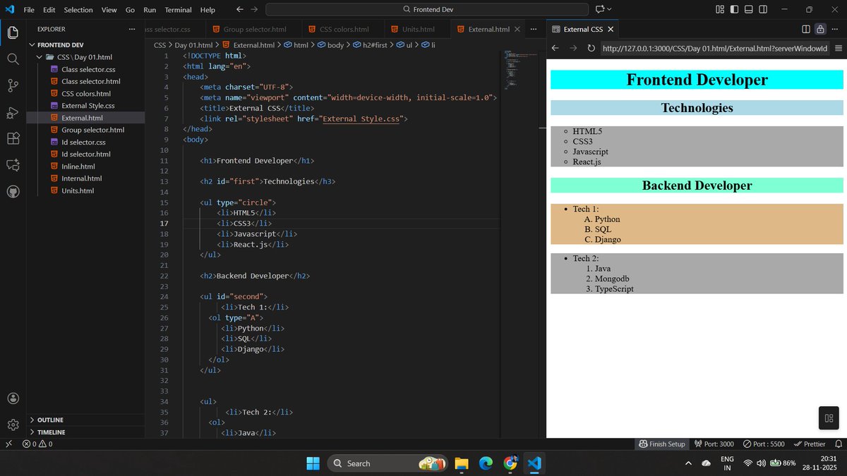Teja_937's tweet image. 🚀 Day 7 of Web Dev Journey 
🔹3 ways to apply CSS: Inline,Internal,External 
🔹Selectors: Element, class, id, grouping
🔹Colors: Keywords, hex, rgb/rgba, hsl/hsla
🔹Fonts: Family, size, weight, style, shorthand

Thanks to @rohit_negi9 Sir! 🙌

#WebDevelopment #CSS #100DaysOfCode