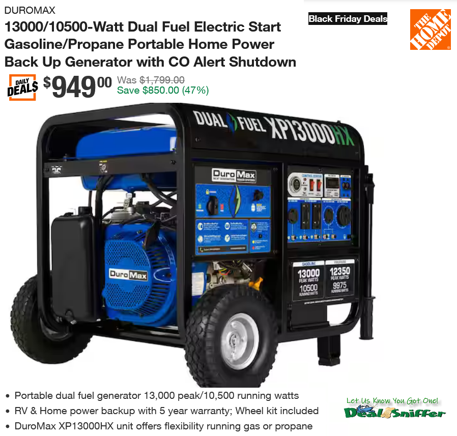 dealsniffer's tweet image. 🏠 47% OFF DUROMAX 13000/10500-Watt Dual Fuel Electric Start Portable Generator ⚡
mavely.app.link/e/1HiVe3HneWb 🔗
#generator #wholehousegenerator #poweroutage #dualfuel #portable #hurricane #homedepot