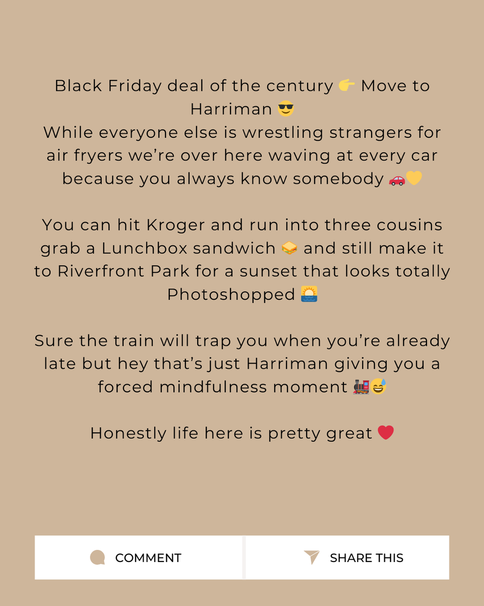 cbsellsit's tweet photo. I had some fun with this one!

And honestly, ChatGPT didn't do too bad 😂

From the local charm to the lifestyle and everything in between, there’s a reason people love calling Harriman, TN home. 🏡✨ https://t.co/VOpzJmCCxN