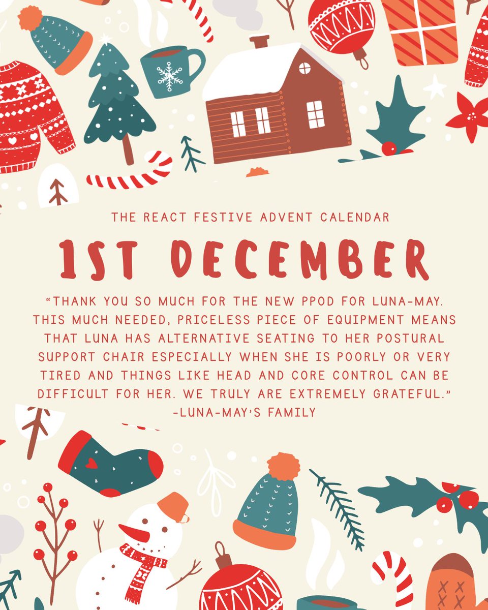 ReactCharity's tweet image. The #ReactFestiveAdventCalendar is back again providing a glimpse into the impact #ReactCharity’s work has had on families caring for a terminally ill child this year.