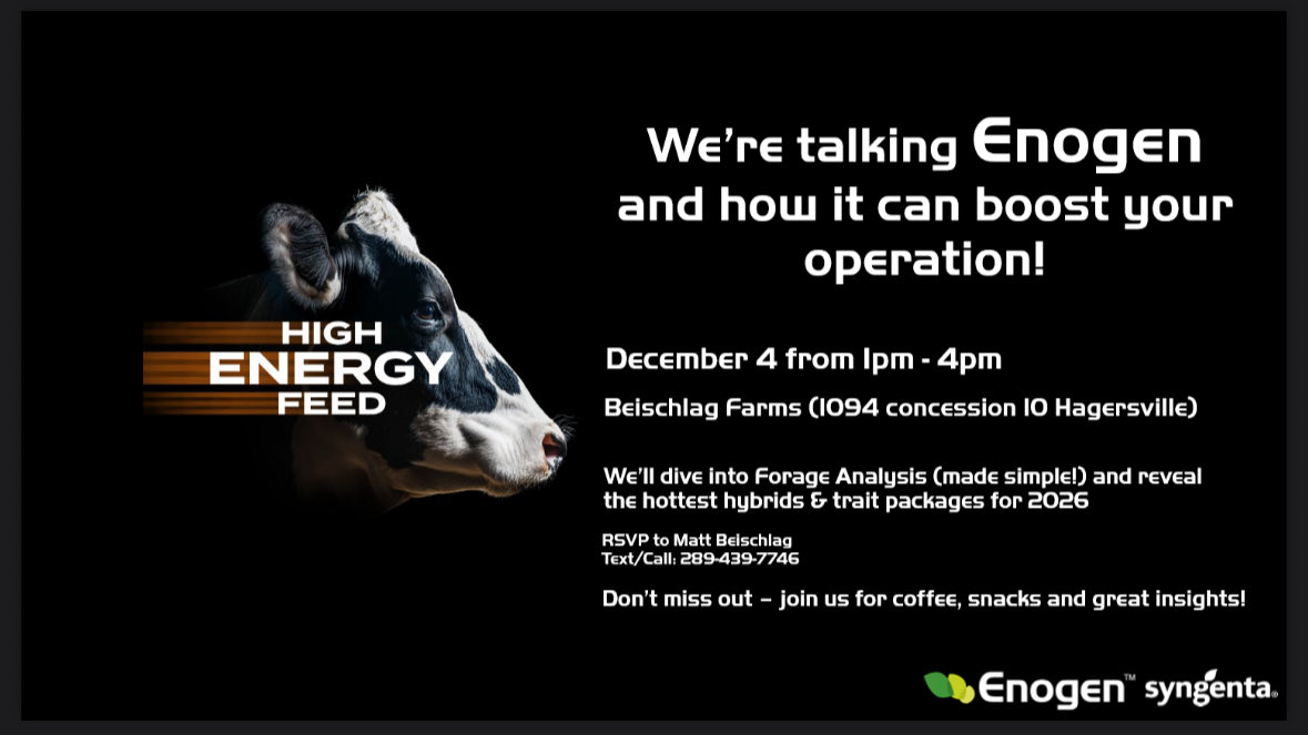 Come on out for a coffee and learn about how #Enogen can help on your farm. <a href="/DhelmBeefGuy/">Doug Helm</a> will be on hand to answer questions and go through our Hybrids.  Everyone is welcome Just RSVP myself #Syngenta #Beef #Dairy