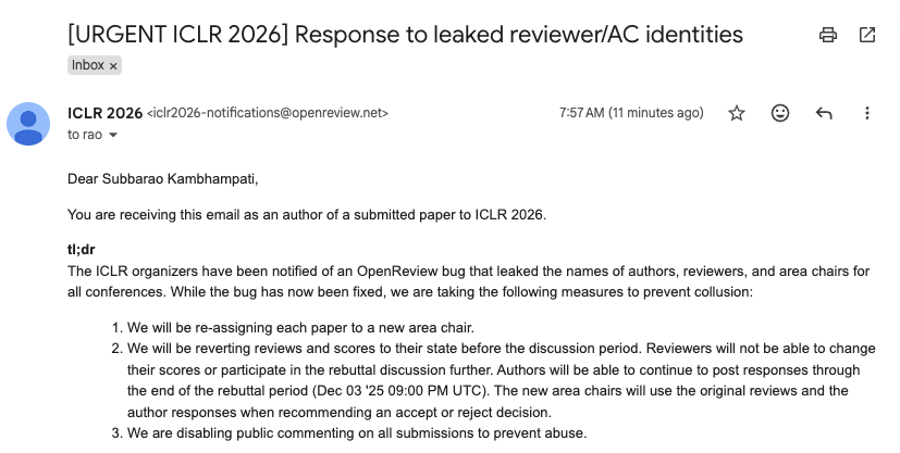 rao2z's tweet image. My heart goes out to @iclr_conf organizers who are putting up a valiant fight to restore review integrity in the face of the @openreview leak. 

Organizing conferences is always a labor of love, and doing so for mega AI conferences in the midst of a massive security leak is…