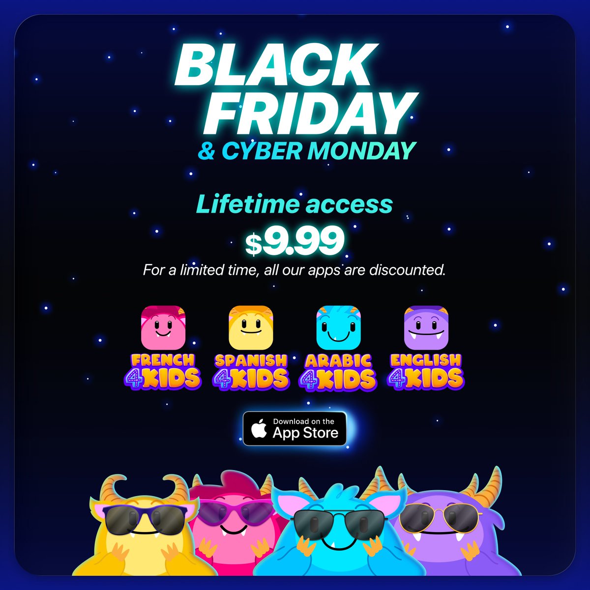 Studio4Kids's tweet photo. Le Black Friday est arrivé 🔥
Débloquez n’importe quelle application d’alphabet Studio4Kids : arabe, anglais, français ou espagnol pour seulement 9,99 $. Payez une fois. Apprenez pour toujours. ✨

Arabic → https://t.co/pGW2DM3BnJ
English → https://t.co/b92BbCRnWx
French → https://t.co/sTTMfK1A3p
Spanish → https://t.co/nENCn6mP9i