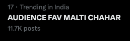 DevShuklaKeher's tweet photo. We are trending at #17. Keep Going guysss. we can do this.... 🐦🔥❤️🔥
AUDIENCE FAV MALTI CHAHAR
#RealSupportForMalti #MaltiChahar #BiggBoss19livefeed https://t.co/nZz1NnyTRc