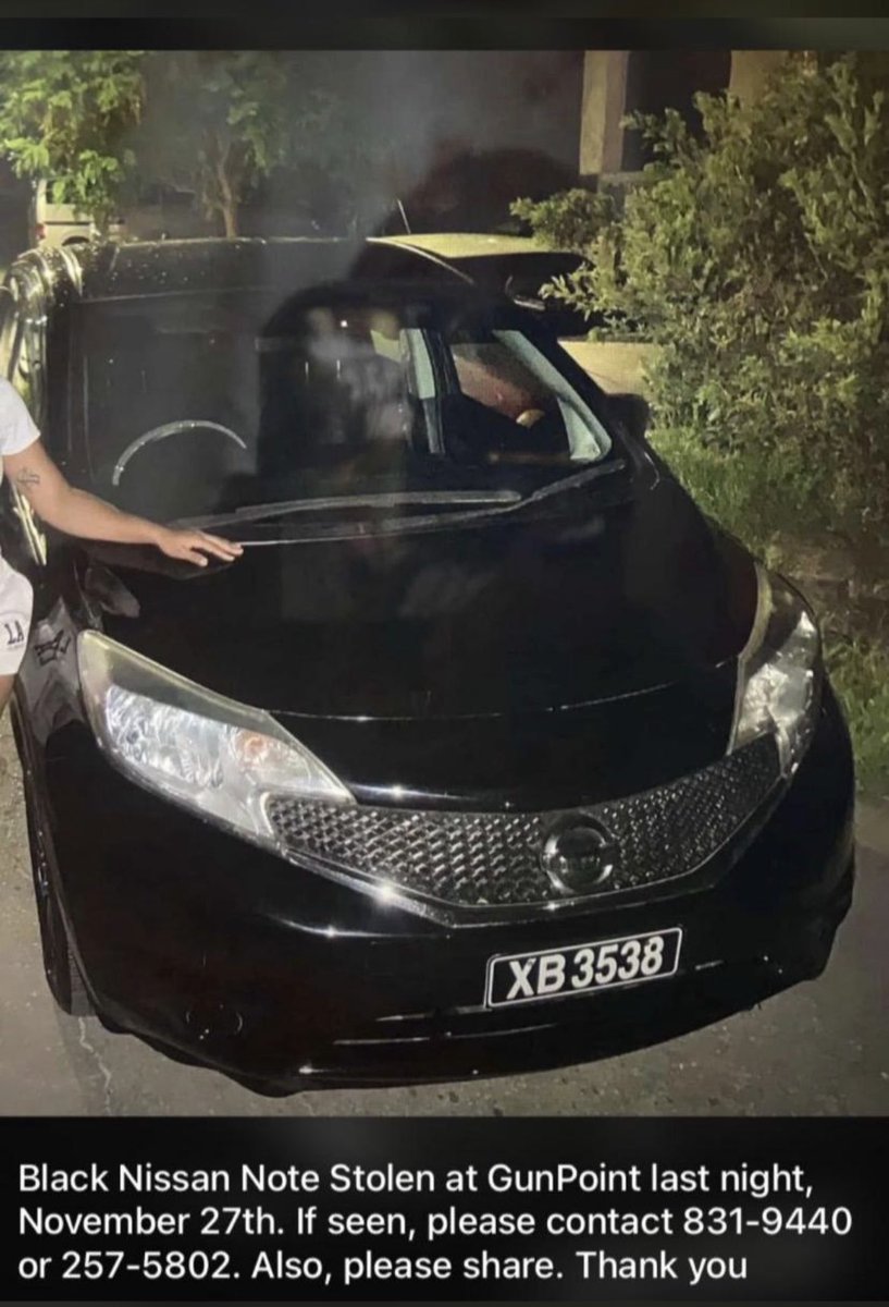 RaggedyAnn246's tweet photo. Black Nissan Note XB3538 was stolen last night if you see it contact 831-9440 or 257-5802 !!! Please repost and share 🙏🏽 https://t.co/4IgqGjE8HZ