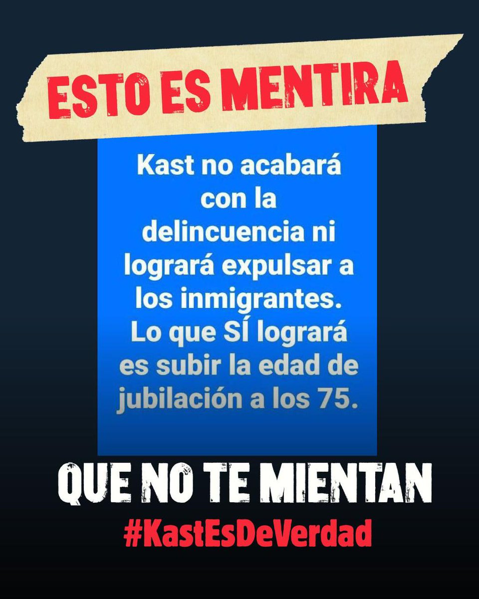 #KastEsDeVerdad En los últimos días han circulado distintas fake news y mentiras sobre José Antonio Kast y su programa de gobierno.
Mentira que eliminará derechos.
Mentira que Subirá la edad de jubilación.
Mentira que afectará a las mujeres y los jóvenes. 
#KastEsDeVerdad* 🇨🇱