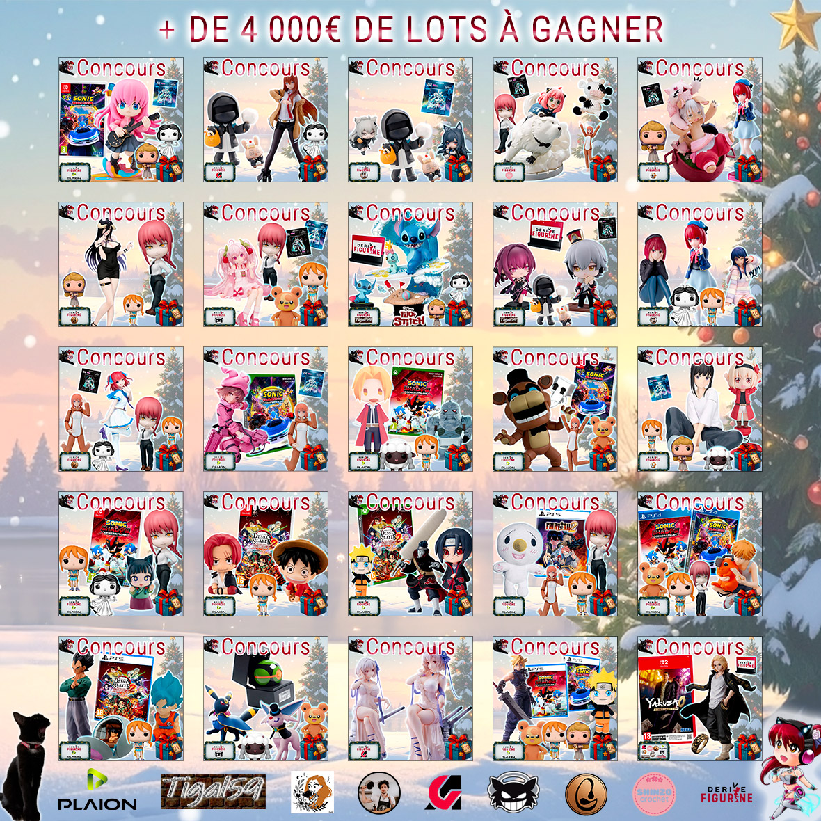 DeriveFigurine's tweet image. 🎄🧑‍🎄Concours Calendrier de l'Avent 2025 🎁🎁

Il y a + de 4 000€ de lots à remporter 🤩

Les TAS auront lieu du 2 au 26 décembre 😍

On remercie chaleureusement les partenaires de cette année : @ActuG @PLAION_FR @meancattv Chocolaterie Gardères @Ludmyaa @Shinzo_Crochet @FBardino…