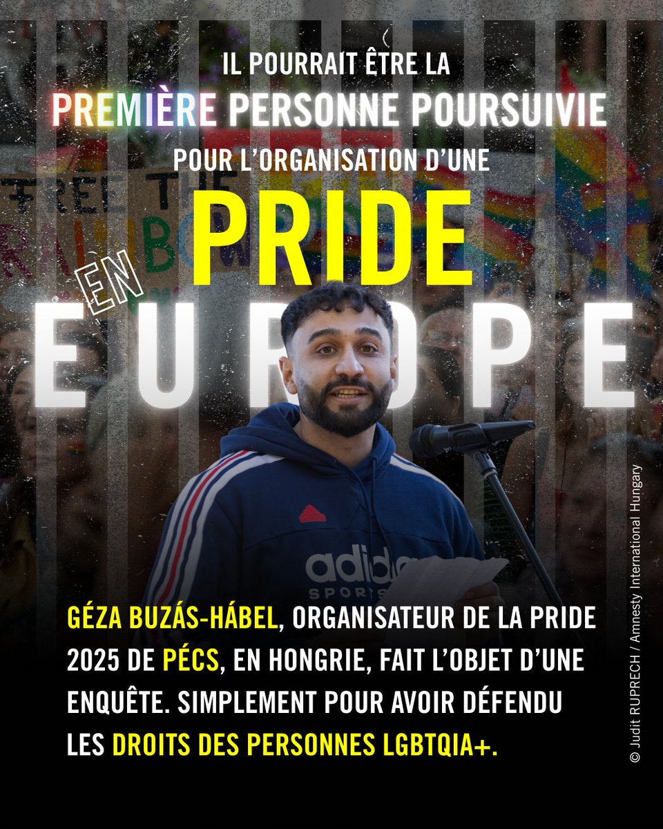 #Hongrie: Géza Buzás-Hábel fait l’objet d’une enquête pour avoir organisé la Pride 2025 de Pécs. Il risque jusqu’à 1 an de prison. S'il est poursuivi, ce serait une première en Europe. 
Une honte.

Signez la pétition pour empêcher cela : amnesty.be/organisateur-p…

#LetPrideMarch