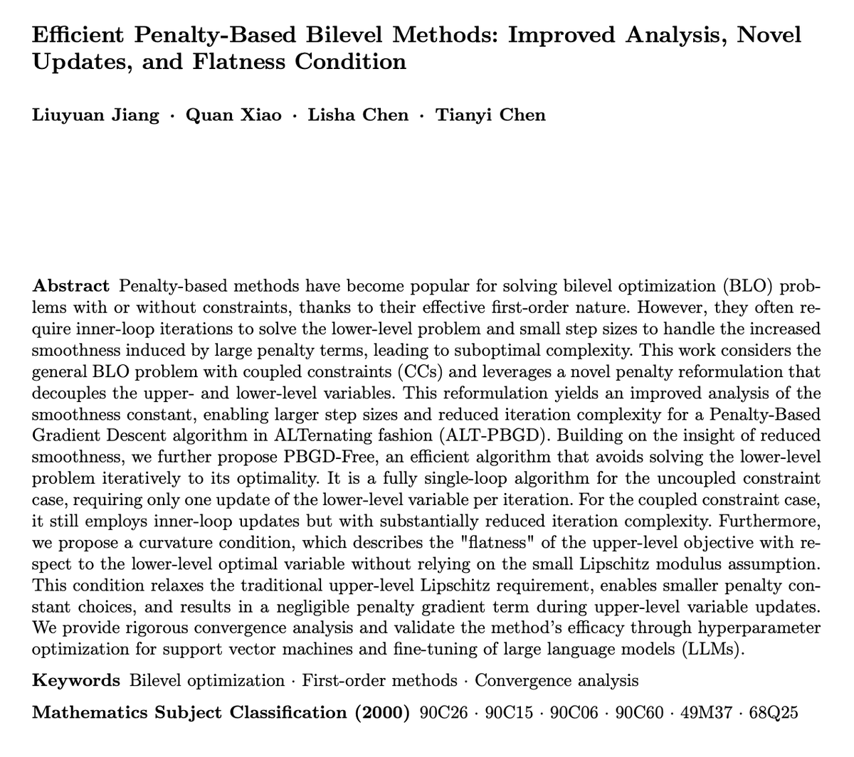 jia13609's tweet photo. New paper: "Efficient Penalty-Based Bilevel Methods" available! Extends #NeurIPS2025 work to #Bilevel with #CoupledConstraints.
Our PBGD-Free algorithm achieves O(ε⁻¹) for uncoupled const.; O(ε⁻¹ log ε⁻¹) for coupled!
@QuanXiao8 @LishaCh95 @Tianyi2020
#LLM, #AIResearch https://t.co/Thczs9ISjm