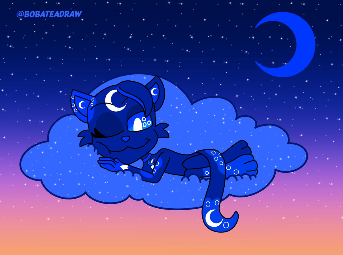 SleepyCat990's tweet image. DTIYS Sleepy Float Midnight

As the sun descends to

greet the coming night, 

Midnight peeks to look

below,knowing it’s her turn. 

She gently bids the critters 

go to sleep until the morning.

This DTIYS poem is for my big sister,Meg

#dtiys #sleepyfloatmidnight #procreate