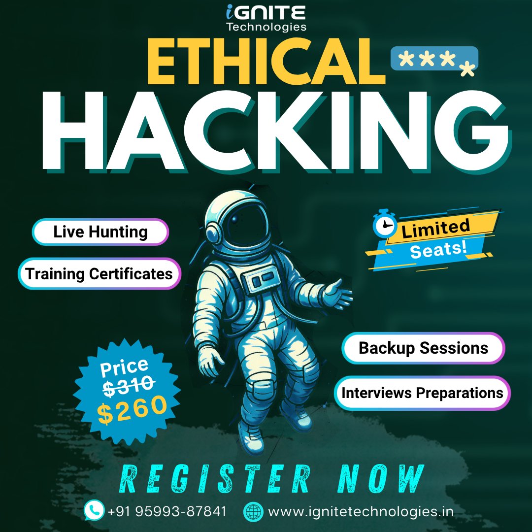 hackinarticles's tweet image. 🔥 Ethical Hacking Proactive Training 🔥

🔗 Register here: forms.gle/bowpX9TGEs41GD…
💬 WhatsApp:  wa.me/message/HIOPPN…

📧 Email: info@ignitetechnologies.in

Join Ignite Technologies ETHICAL HACKING PROACTIVE TRAINING live sessions with core practicals at Lowest Price.
BOOK…