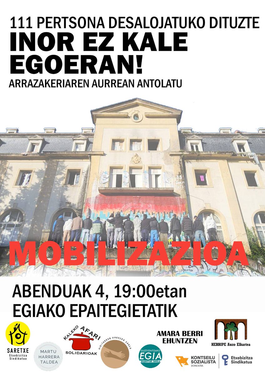 🔵 Martuteneko eskolan bizi diren 111 pertsona abenduaren 4an kaleratzeko arriskuan daude.

Jasaten duten kriminalizazioa eta jazarpen poliziala salatu eta haientzako etxebizitza alternatiba exijitu dugu.

Abenduaren 4an, 19:00etan mobilizatzeko dei egiten dugu.