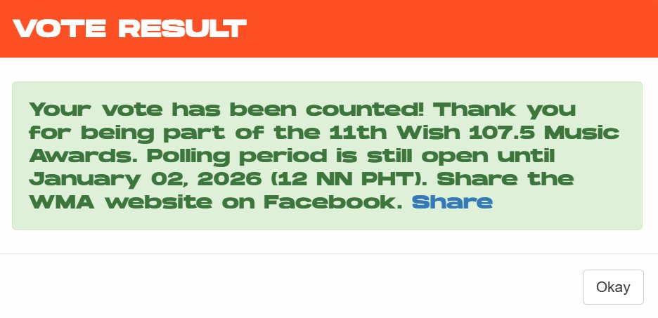 📣[Wish Music Awards]

Calling Famahals to cast your vote daily now!
1. Click then link below and look for "Wish Ballad Song of the Year". 
2. Select "Ako Na Lang" by <a href="/TheJuans_BAND/">The Juans</a> <a href="/carlguevarra09/">Juan Carl</a> 
3. Scroll down and click "Submit"
4. Select which SNS (X/Twitter or Facebook)