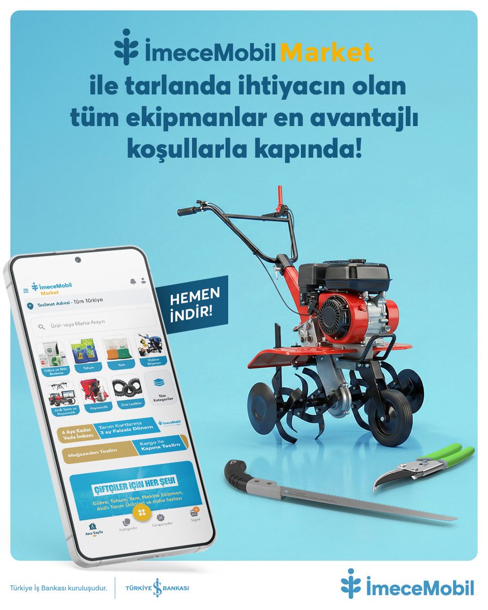 Mahsulünün bereketini artırmak için tarlanda ihtiyaç duyduğun her şeyi Tarım Kartlarına özel faizsiz dönem avantajıyla, 6 aya kadar vade imkanıyla al.

Nasıl mı? Hemen bağlantıya tıkla, İmeceMobil'i indir, alışverişe başla: mobile.imecemobil.com.tr