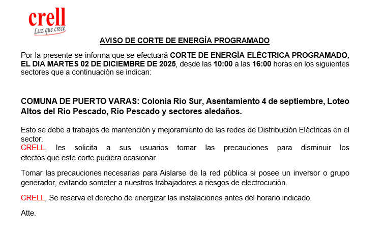 Corte programado para el día martes 02/12/2025, en la comuna de Puerto Varas.