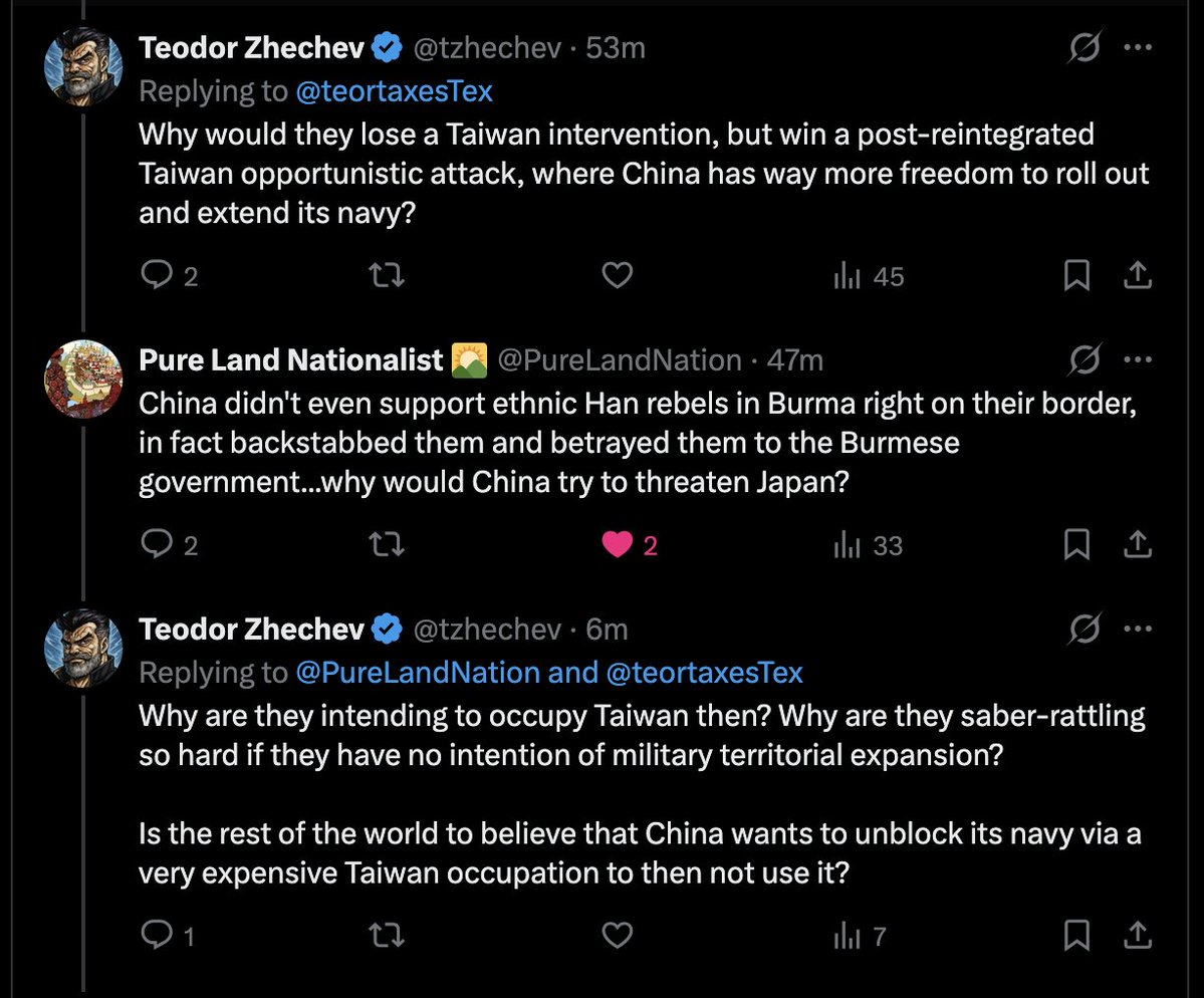 > 그럼 그들은 왜 대만을 점령하려고 하는 걸까요?
이 편협한 민족들은 실제로 일반적인 사고방식을 가지고 있지 않다는 것을 깨닫는 것이 중요합니다. 그들은 러시아, 독일, 이웃 국가들, 그리고 자신들의 생존에 대해