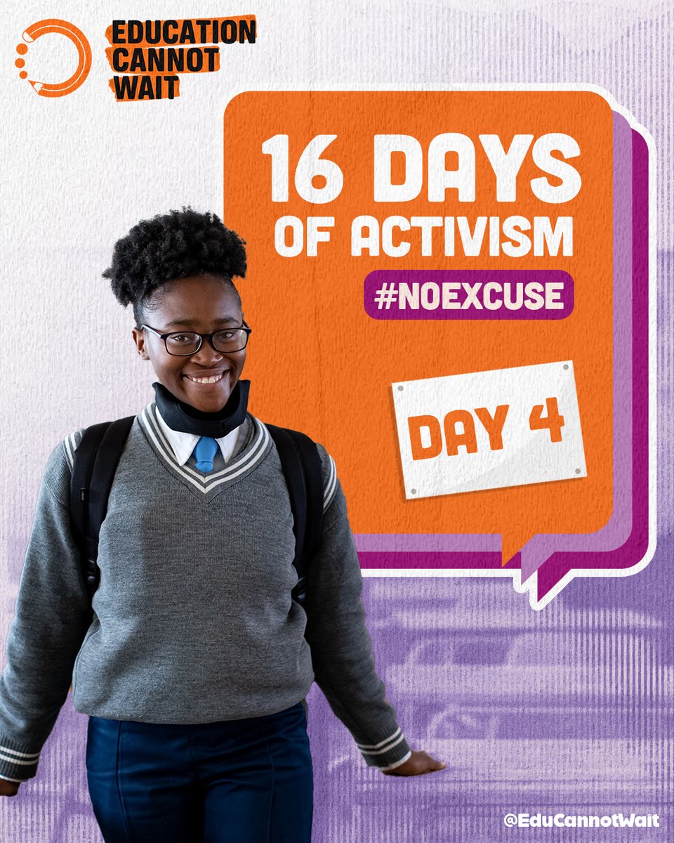 #Day4 of #16Days!

Ending #GBV requires everyone to act: governments, civil society, local organizations, the private sector, humanitarian actors, schools and communities.

<a href="/EduCannotWait/">Education Cannot Wait</a> urges all partners to stand together and insist: there is #NoExcuse for gender-based