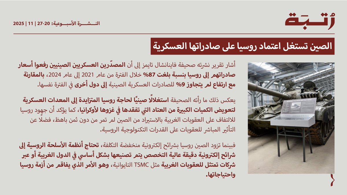 Rutba_GCC's tweet image. نشرة رتبة الأسبوعية 20-27 نوفمبر 2025 

السعودية تدخل بقوة إلى سلسلة إمداد المعادن النادرة الثقيلة 

السعودية تبني مصفاة للمعادن النادرة الثقيلة 

الصين تستغل اعتماد روسيا على صادراتها العسكرية 

المملكة المتحدة بصدد صنع أول سلاح ليزري في أوروبا 

تابعوا نشرة رتبة الأسبوعية لأهم…