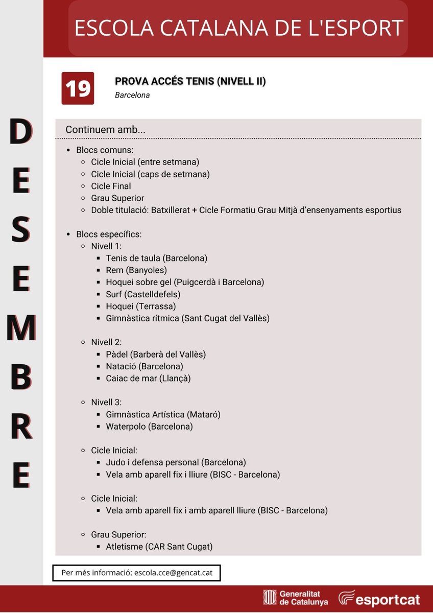 ✅Ja podeu consultar l'oferta formativa del mes de desembre 
<a href="/esportcat/">Esports</a> 
<a href="/FCatTennis/">Tennis Català</a> 
<a href="/ciclismecat/">Federació Catalana de Ciclisme</a> 
<a href="/FCatalanaPadel/">FCP - Federació Catalana de Pàdel</a> 
<a href="/fcdehockey/">Federació Catalana de Hockey</a> 
<a href="/FCPatinatge/">FCPatinatge</a> 
<a href="/GimcatFCG/">Federació Catalana de Gimnàstica</a> 
<a href="/nataciocat/">Federació Catalana de Natació</a>
