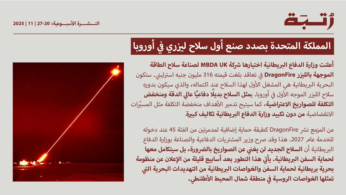 Rutba_GCC's tweet image. نشرة رتبة الأسبوعية 20-27 نوفمبر 2025 

السعودية تدخل بقوة إلى سلسلة إمداد المعادن النادرة الثقيلة 

السعودية تبني مصفاة للمعادن النادرة الثقيلة 

الصين تستغل اعتماد روسيا على صادراتها العسكرية 

المملكة المتحدة بصدد صنع أول سلاح ليزري في أوروبا 

تابعوا نشرة رتبة الأسبوعية لأهم…