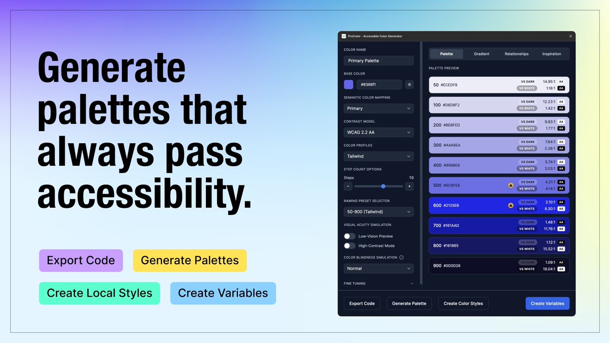 hakan_ertann's tweet image. I built an accessible color palette generator that I always wished existed. 

ProColor, a fast, robust, accessibility-first palette generator crafted with @Cursor  

figma.com/community/plug…