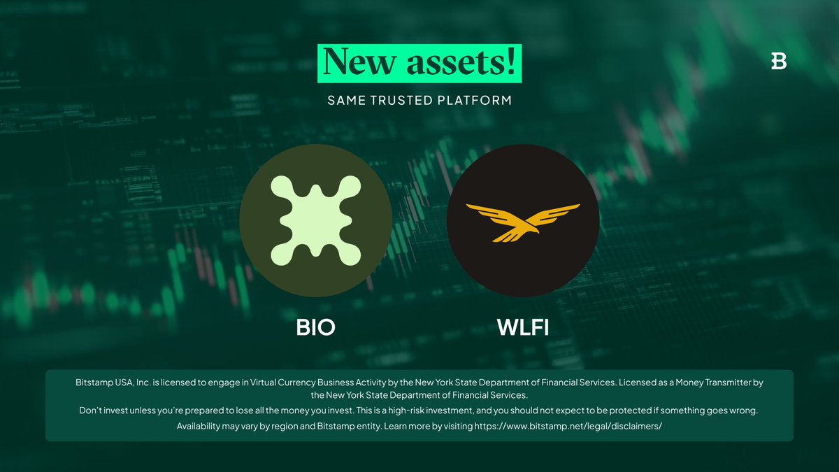 Bitstamp's tweet image. $BIO and $WLFI are now available to trade on Bitstamp by Robinhood.